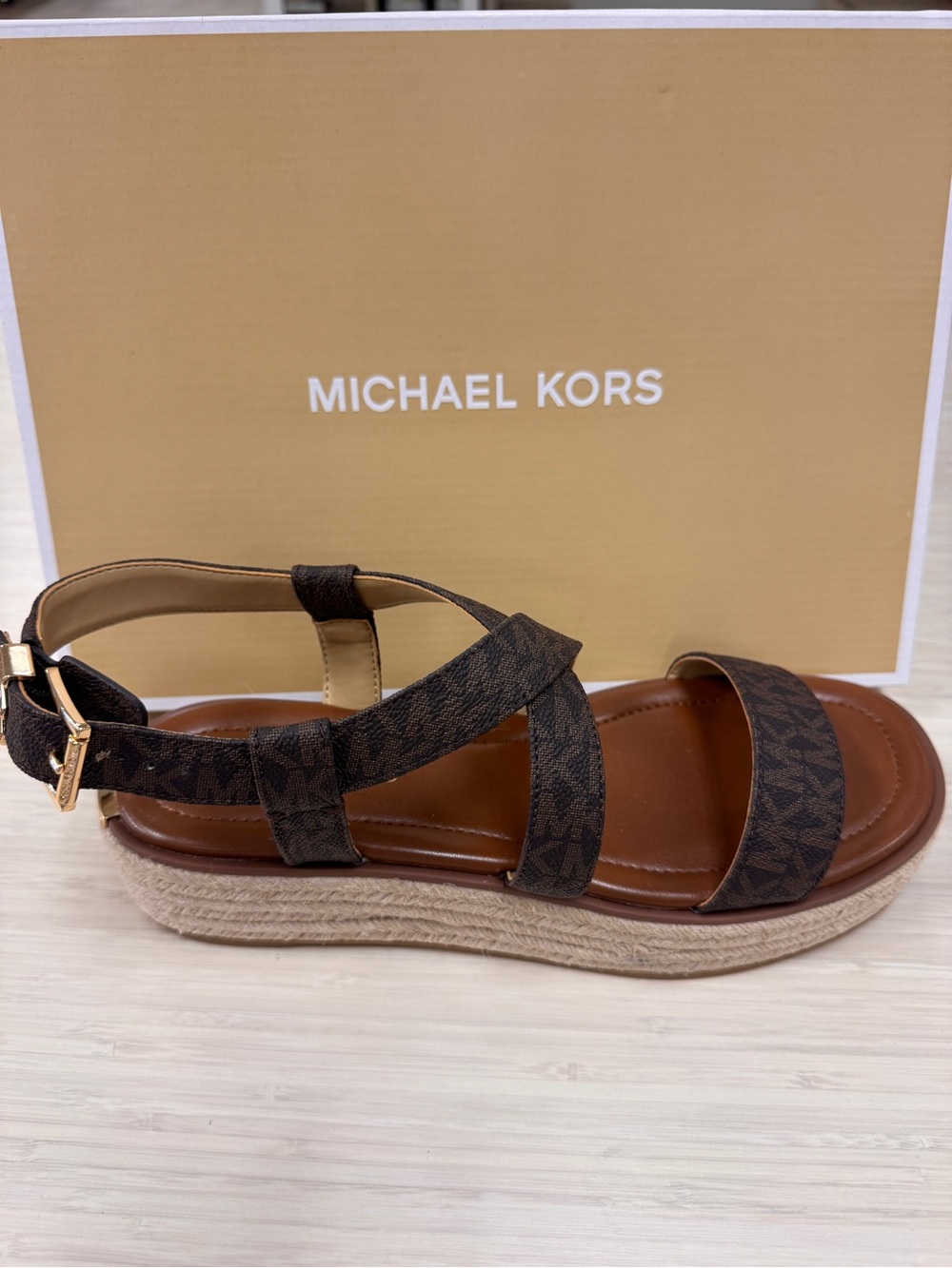 Michael Kors Brown Logo Espadrille Platform Sandal with Gold Buckle